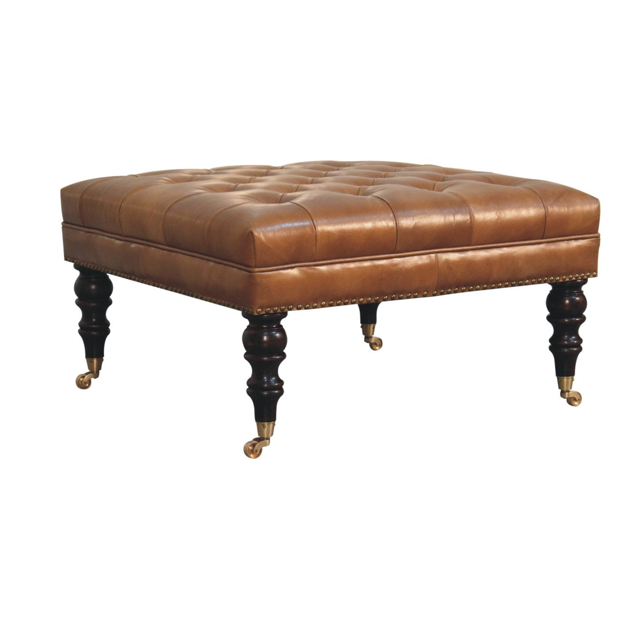 Solid Wood Studded Buffalo Leather Upholstered Ottoman