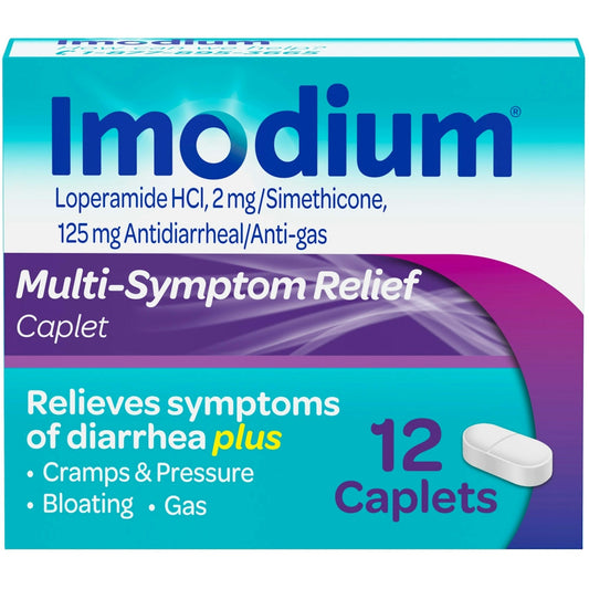 Imodium Multi Symptom Relief Caplets With Loperamide Hydrochloride And Simethicone, Anti Diarrheal Medicine For Treatment Of Diarrhea, Gas, Bloating, Cramps & Pressure, 12 Ct