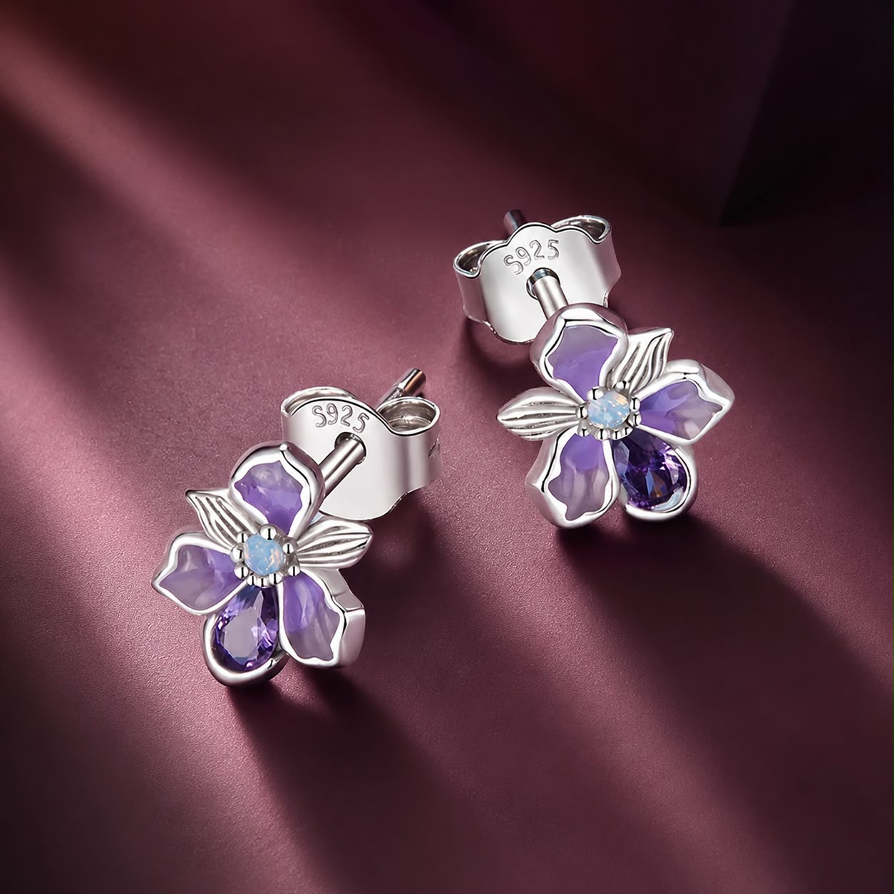 925 Sterling Silver Earrings with Nano Opal Stone and CZ, White Gold Plated, 0.7cm, for Women