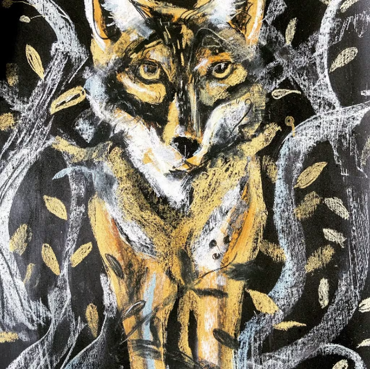 Coyote in the Woods: Moonlit Folk Art Print on Board, Wildlife Wall Art