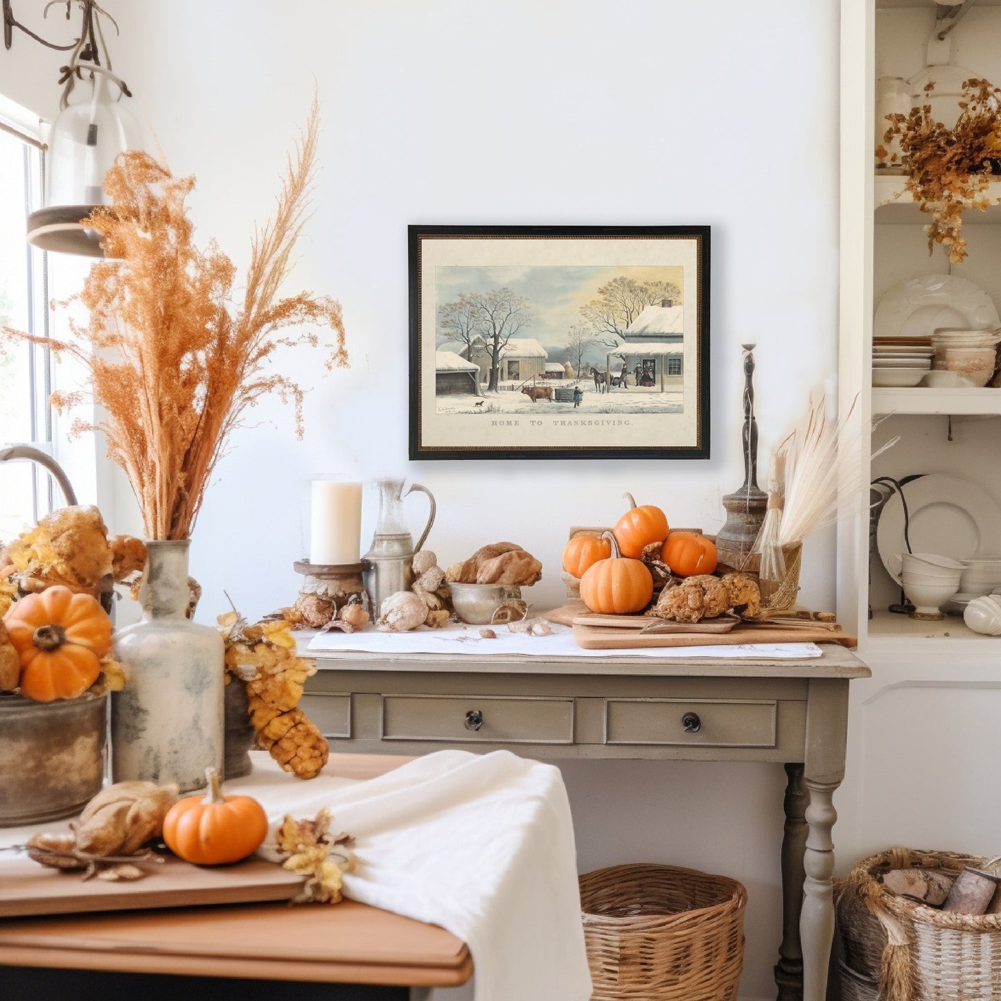 Vintage Home to Thanksgiving scene on a distressed bookplate background