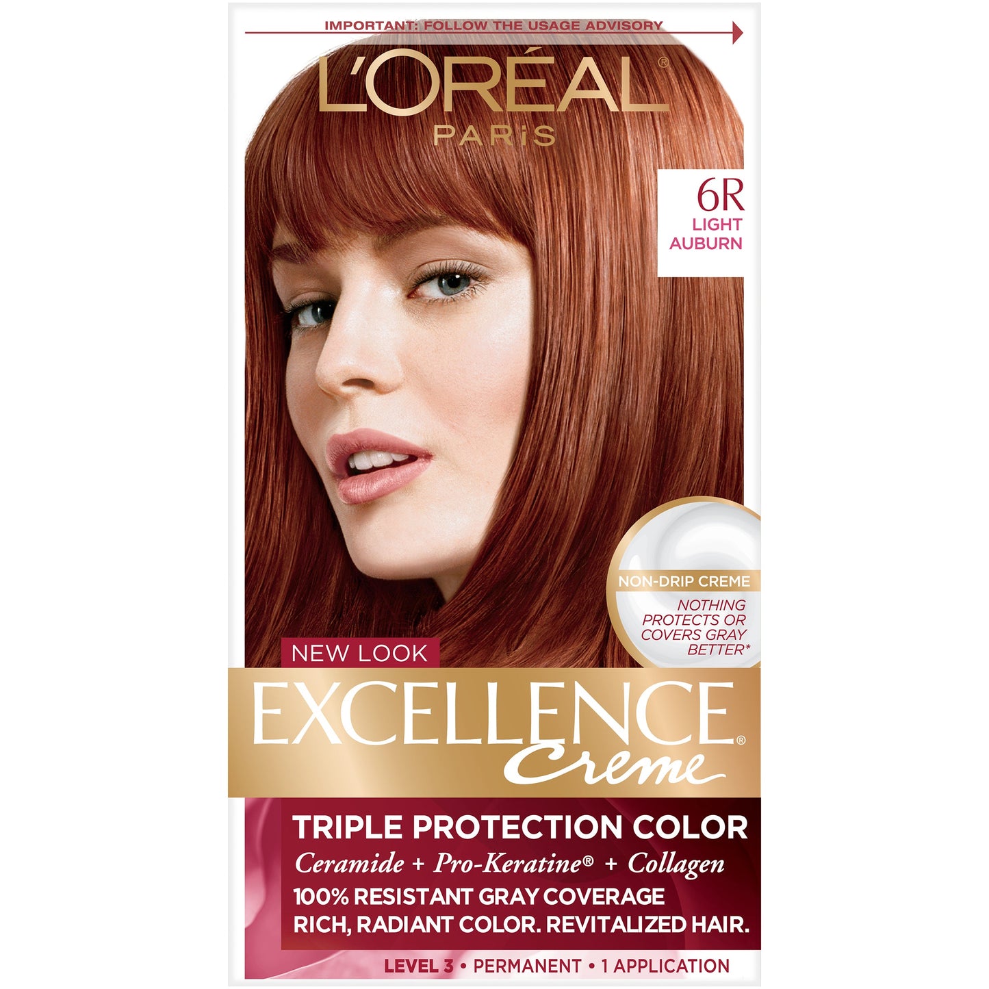 Excellence L'Oreal Paris Creme Permanent Triple Protection Hair Color, 6R Light Auburn, 1 Kit