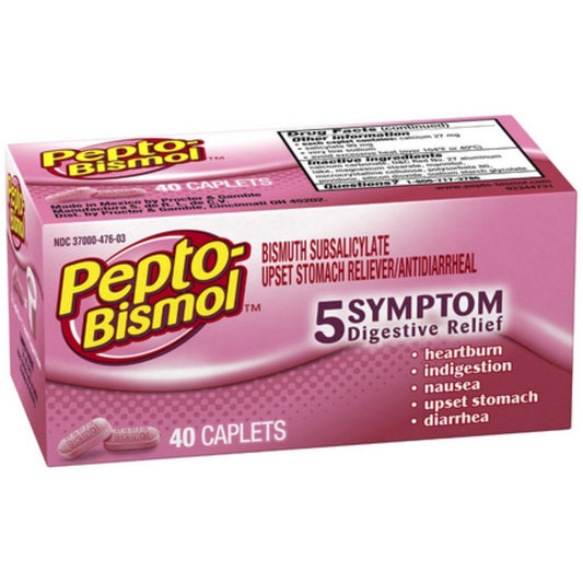 Pepto Bismol Multi-Symptom Caplets For Upset Stomach & Diarrhea Relief, Over-the-Counter Medicine, 40 Ct