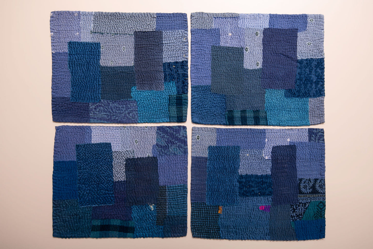 S/2 Landscape Fray Patch Vintage Kantha Placemat - Navy