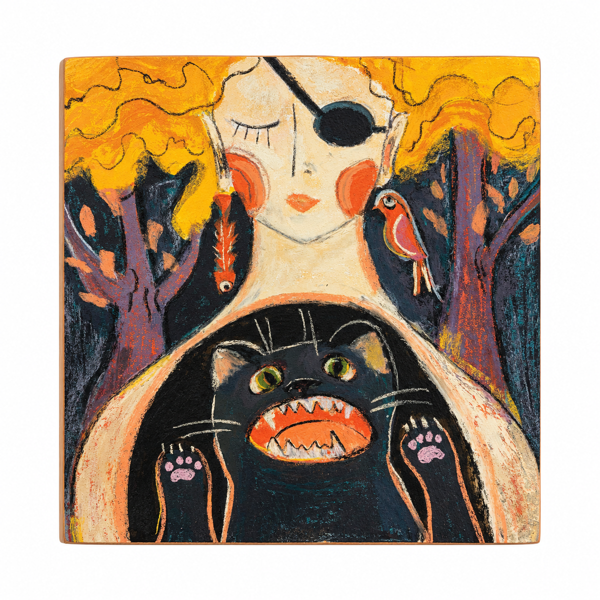 Inner Animal: Woman and Black Cat Whimsical Pastel Art Print on Board