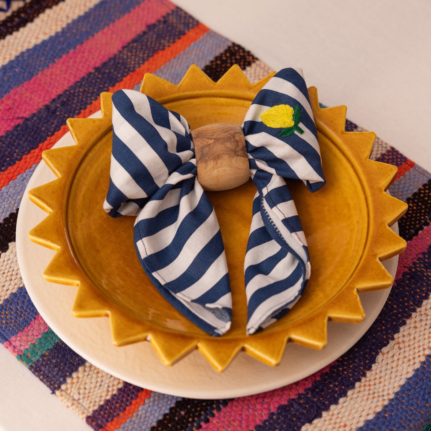Blue Striped Lemon Embroided Napkins - Set of 2