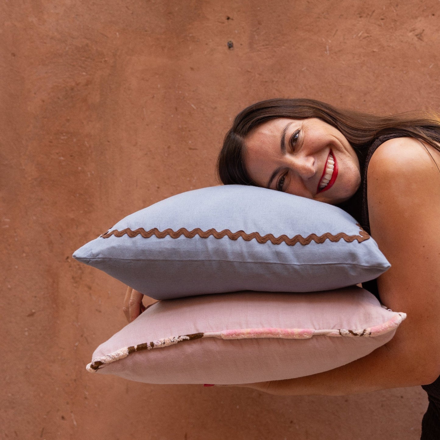 Blue Linen Pillow with Ric-Rac Trim