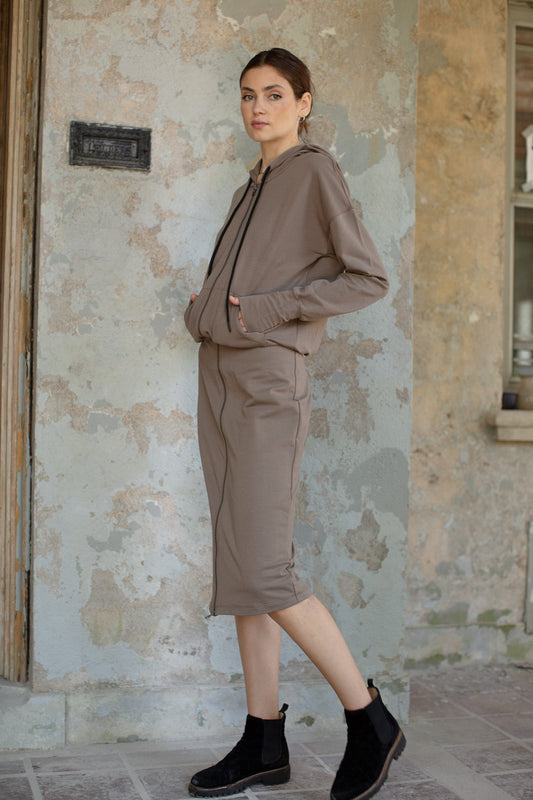 Front Zip Hoodie Dress- Taupe