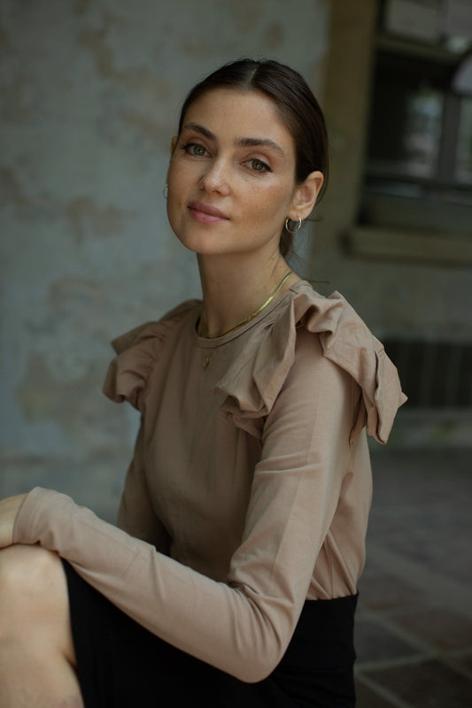 Ruffle Shoulder Long Sleeve Tee- Taupe