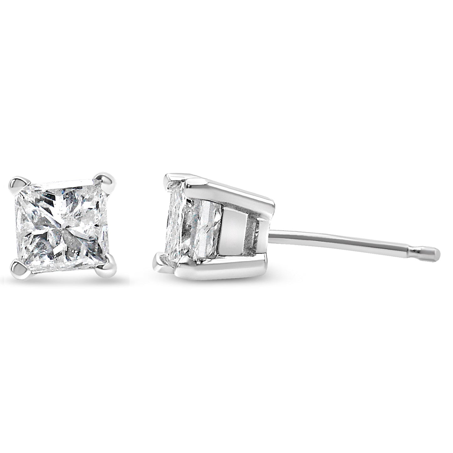 AGS Certified 14K White Gold 1.0 Cttw 4-Prong Set Princess-Cut Solitaire Diamond Push Back Stud Earrings (I-J Color, SI2-I1 Clarity)