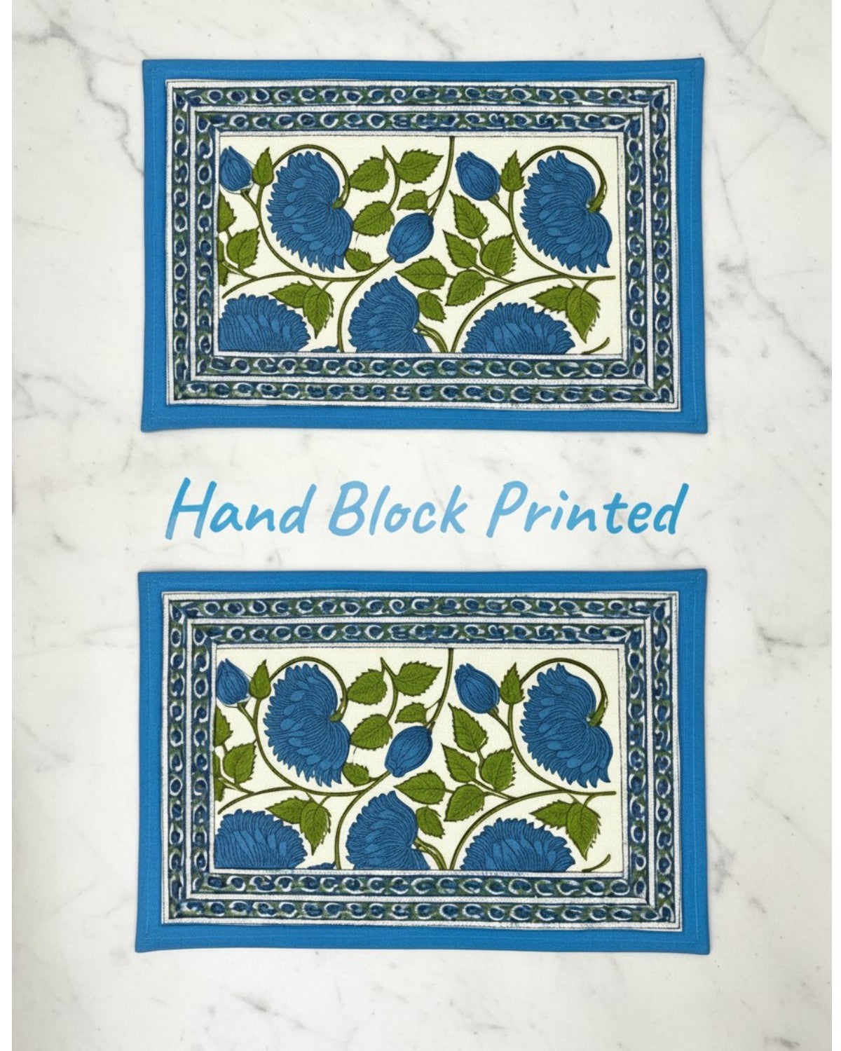 Hand Block Printed Blue Floral Cotton Placemats, Table Mat Set of Two