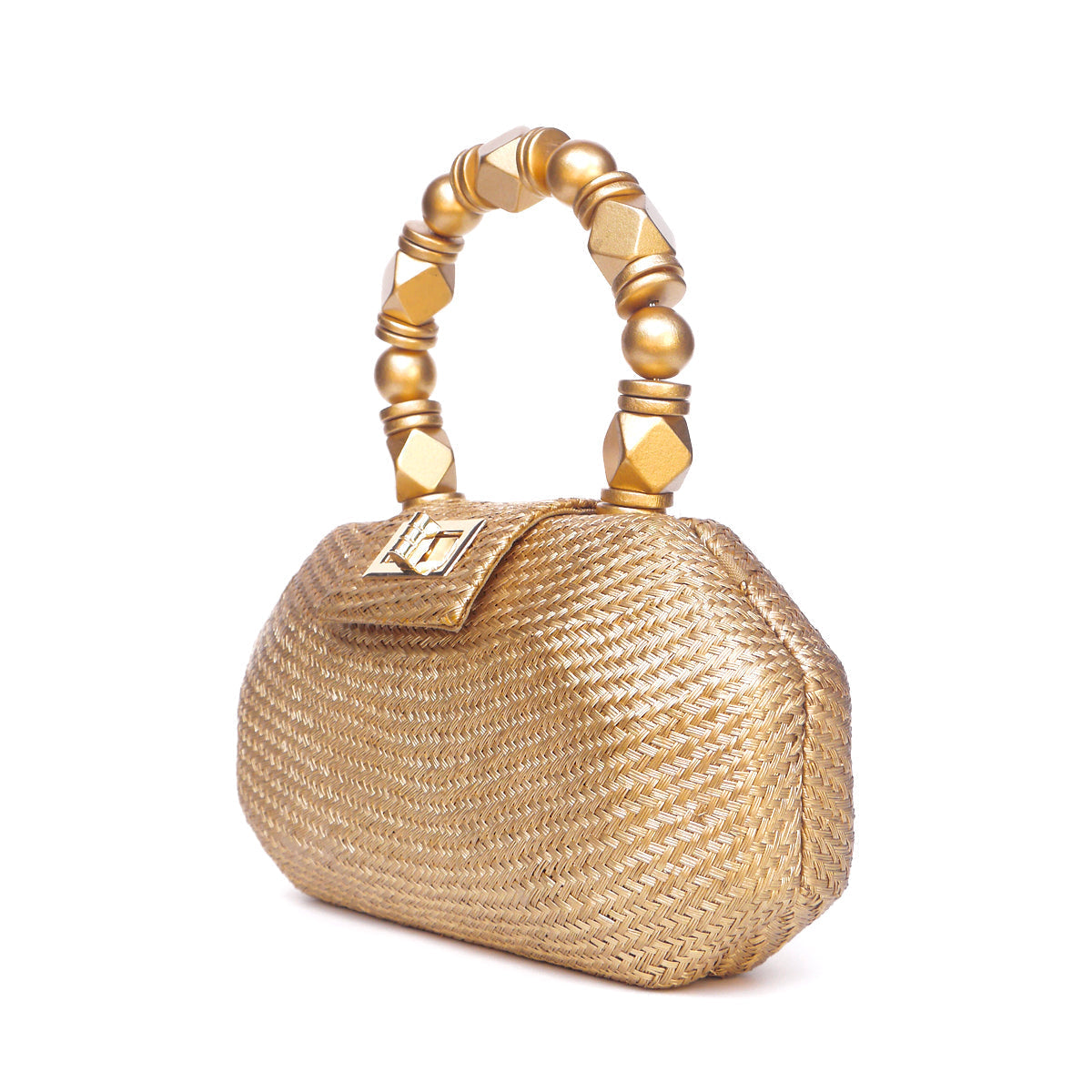 THE MELIA — Gold Woven Straw Clutch with Beaded Top Handle