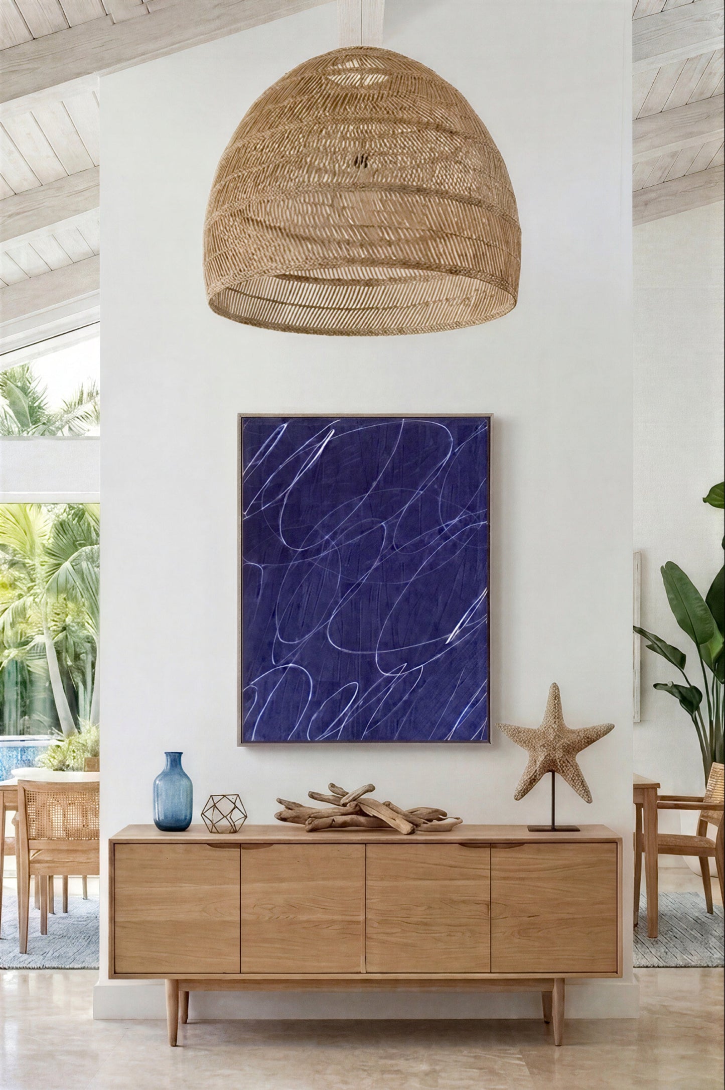 Gestural Marks in Deep Ocean Framed Wall Art