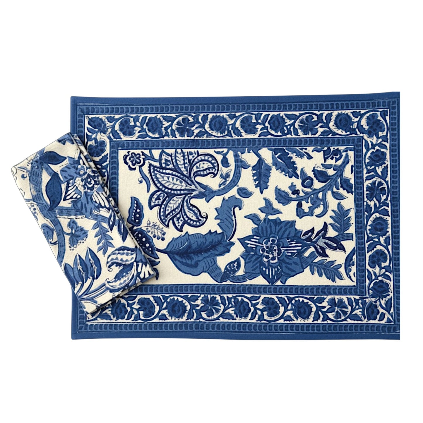 S/4 Cotton Placemat & Napkin, Blue Floral Block Print