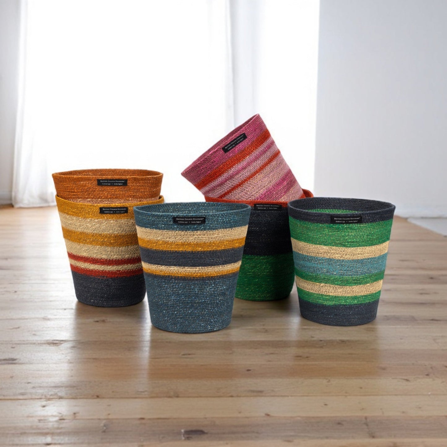 Striped Seagrass Waste Paper Basket in Midnight / Beryl Green