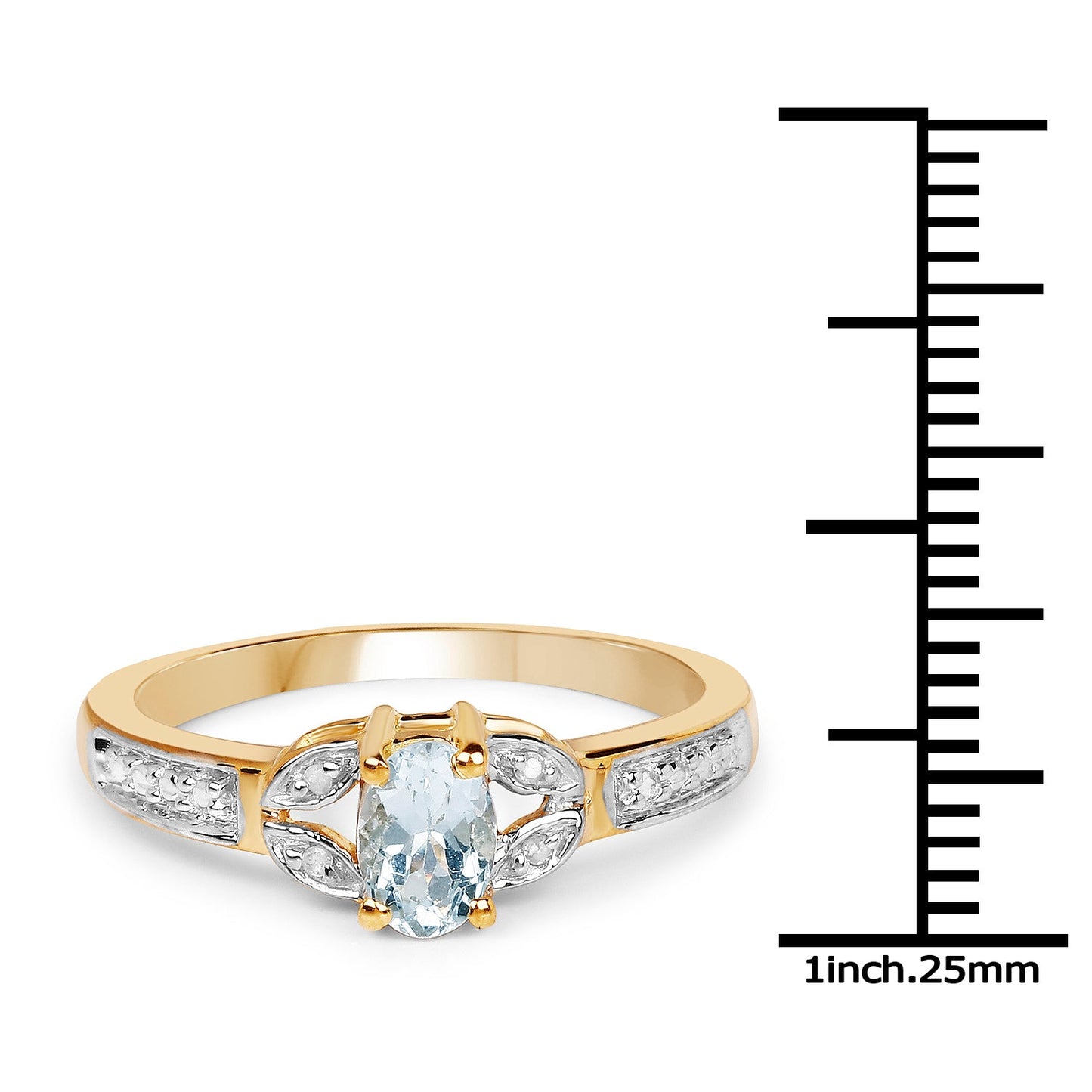 14K Yellow Gold Plated 0.42 Carat Genuine Aquamarine and White Diamond .925 Sterling Silver Ring
