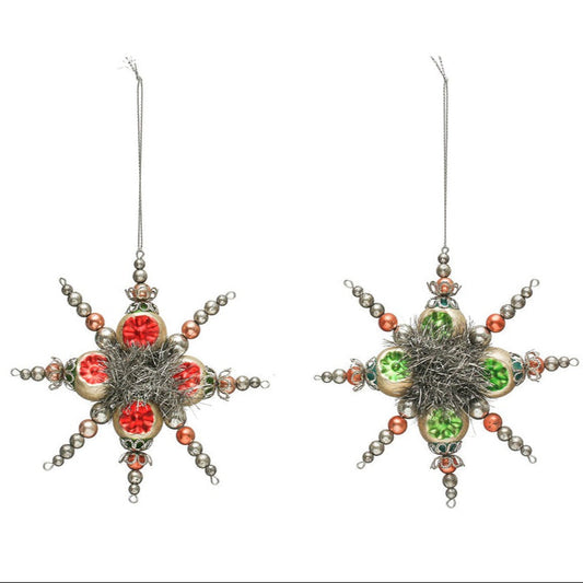 Glass Vintage Style Snowflake Ornament w/ Tinsel, Set of 2 Colors