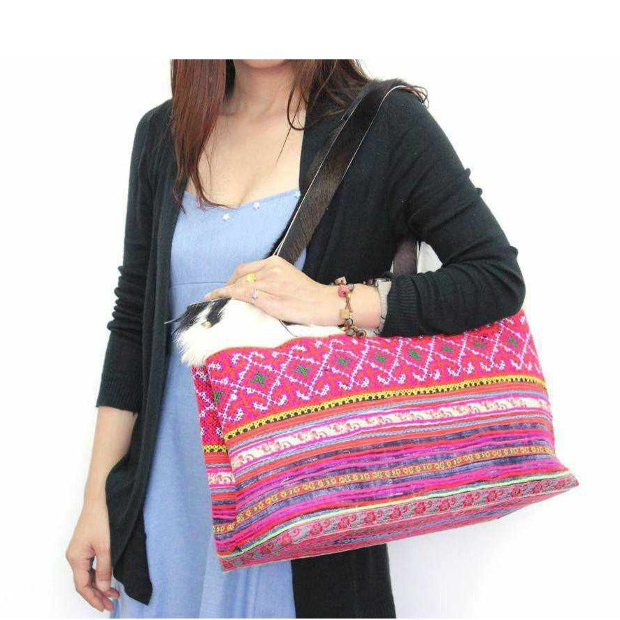 Upcycled Hmong Textile Cowhide One-of-a-kind Leather Tote Purse - Thailand