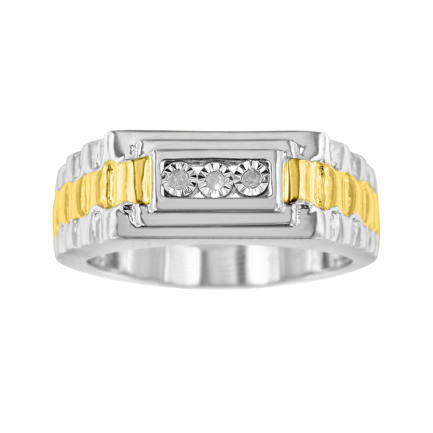 10K Yellow Gold Plated .925 Sterling Silver Diamond Accent Miracle-Set 3 Stone Ridged Band Gentlemen's Fashion Ring (I-J Color, I2-I3 Clarity) - Size 10