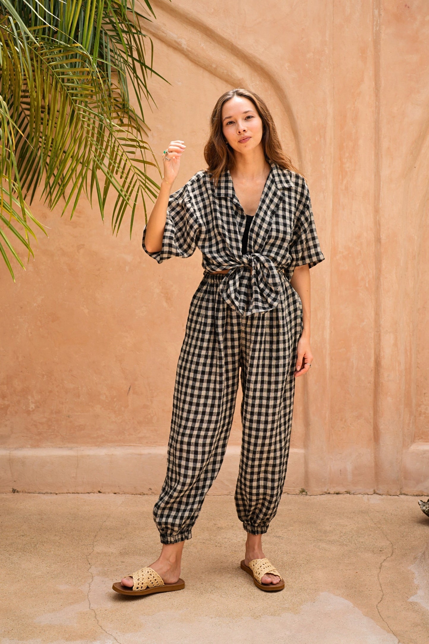 Vanessa Linen Gingham Balloon Pants in Black