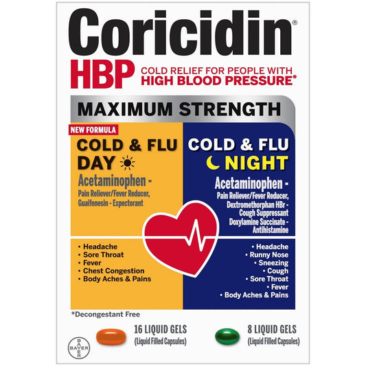 Coricidin HBP Maximum Strength Day/Night Cold & Flu 24 Liquid Gels