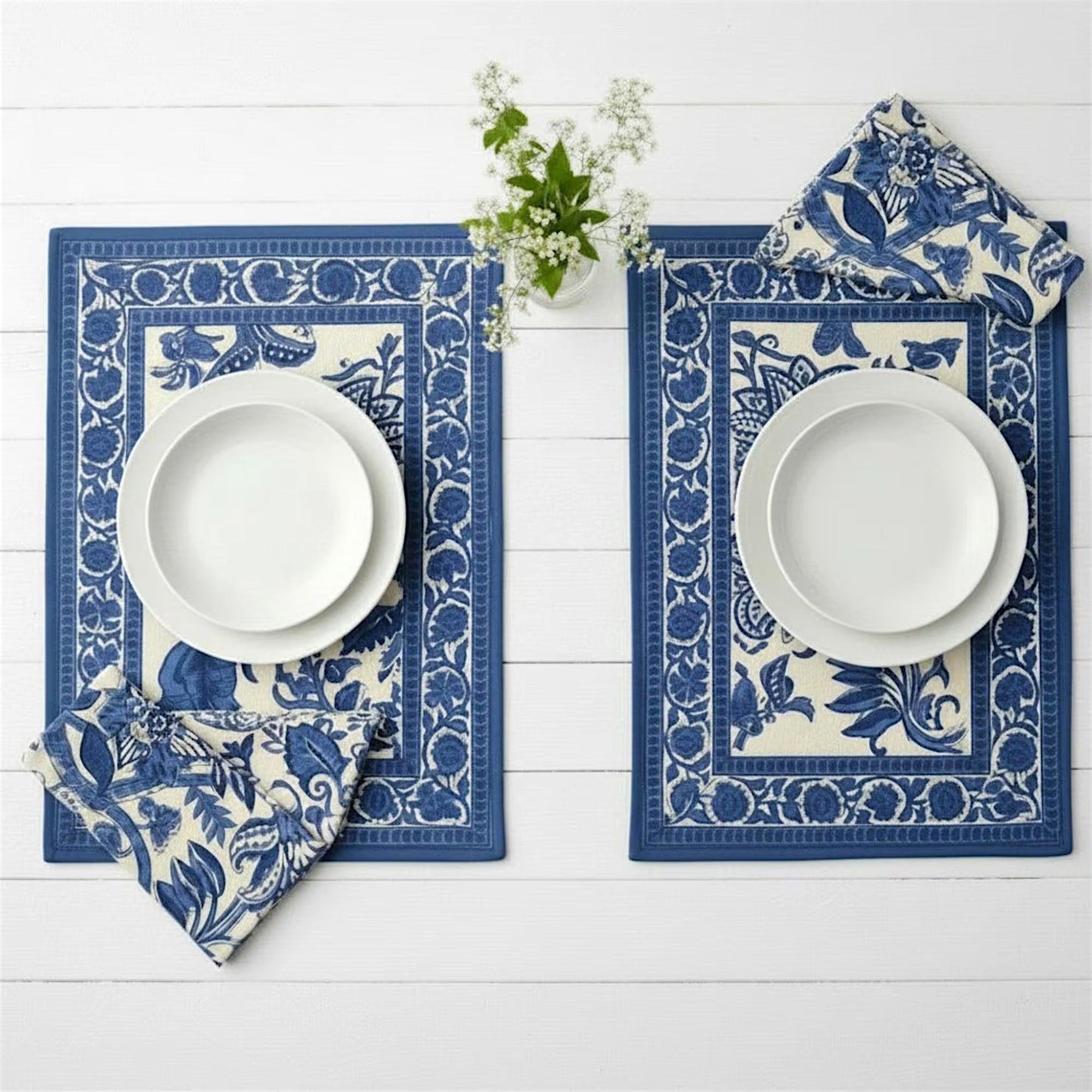 S/4 Cotton Placemat & Napkin, Blue Floral Block Print