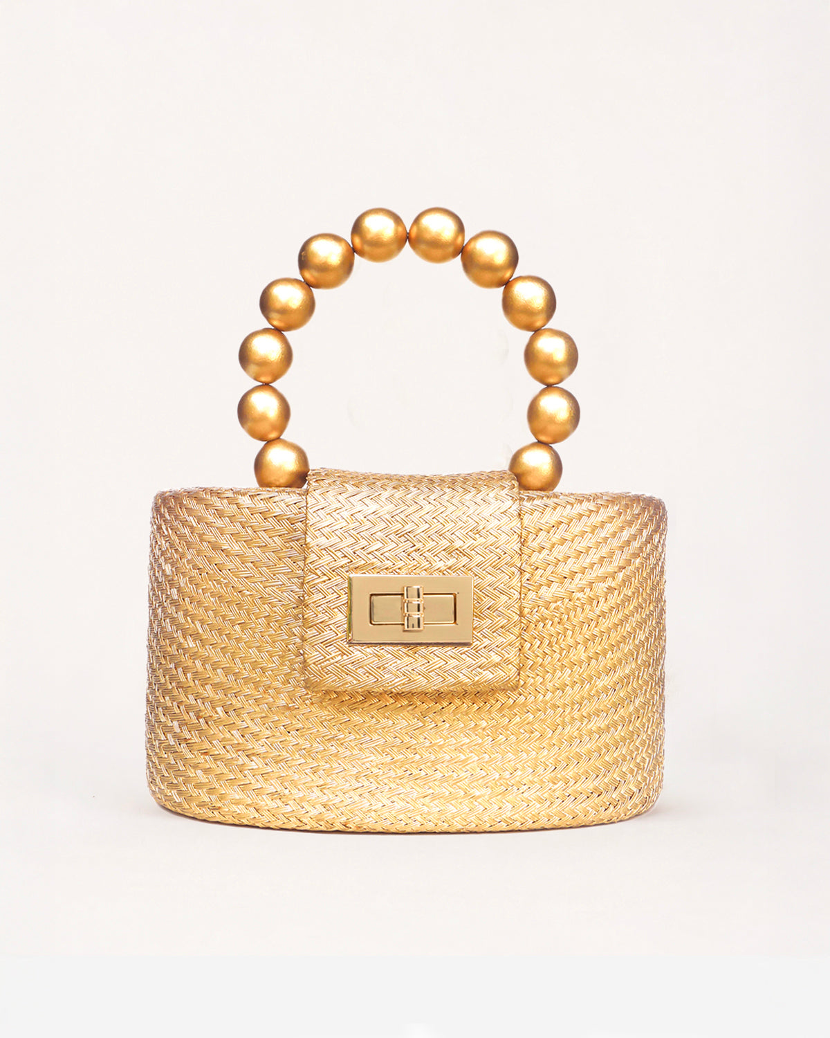 THE OLIVIA — Gold Woven Straw Top-Handle Bag with Beaded Handle