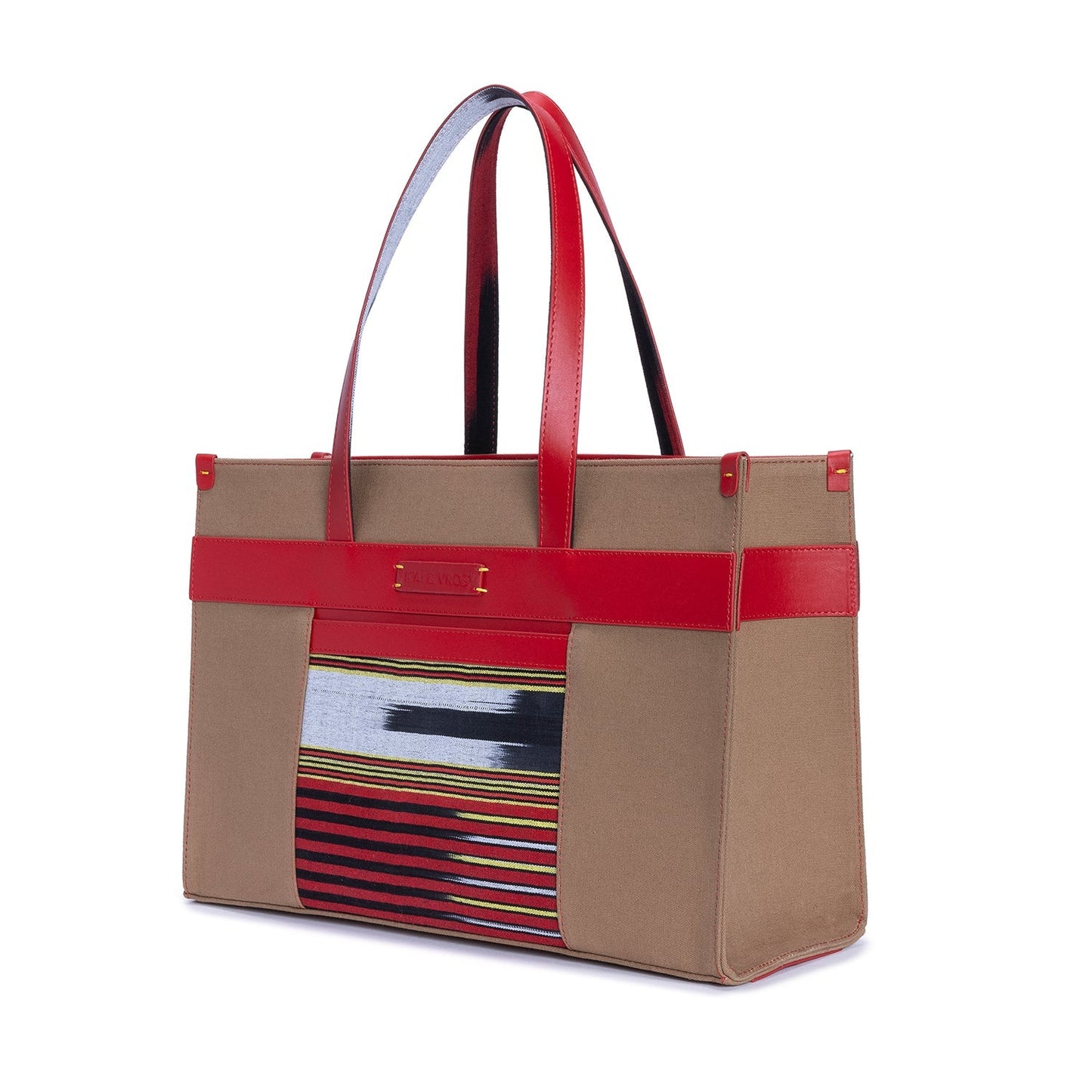 Red Leather & Tobacco Canvas Tote Bag with Pockets