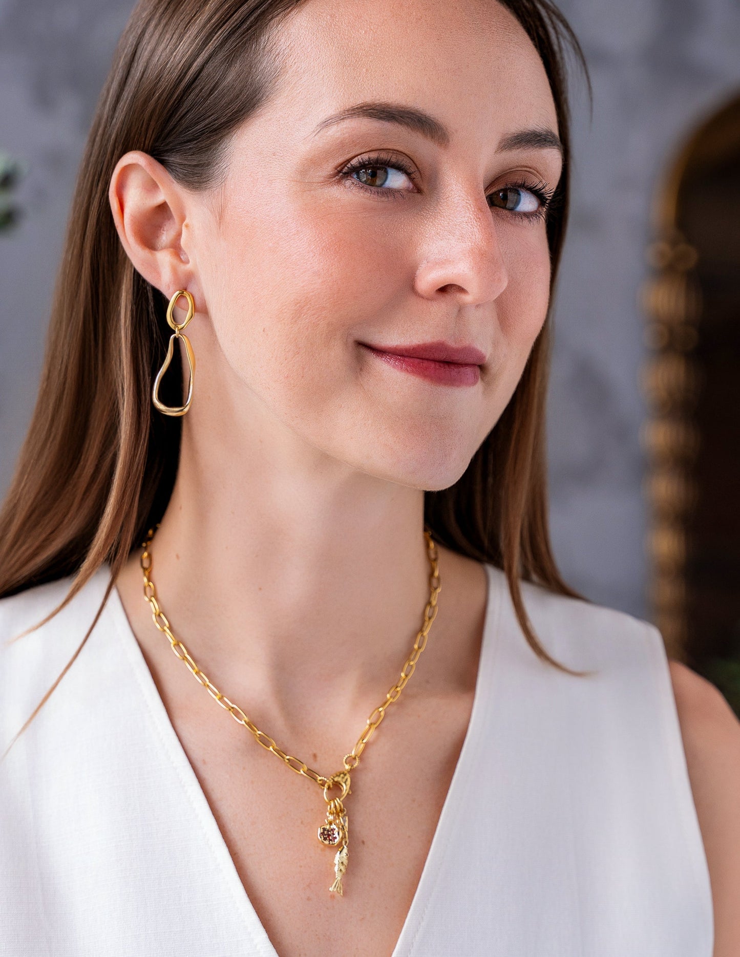 Fish and Pomegranate Charm Drop Necklace