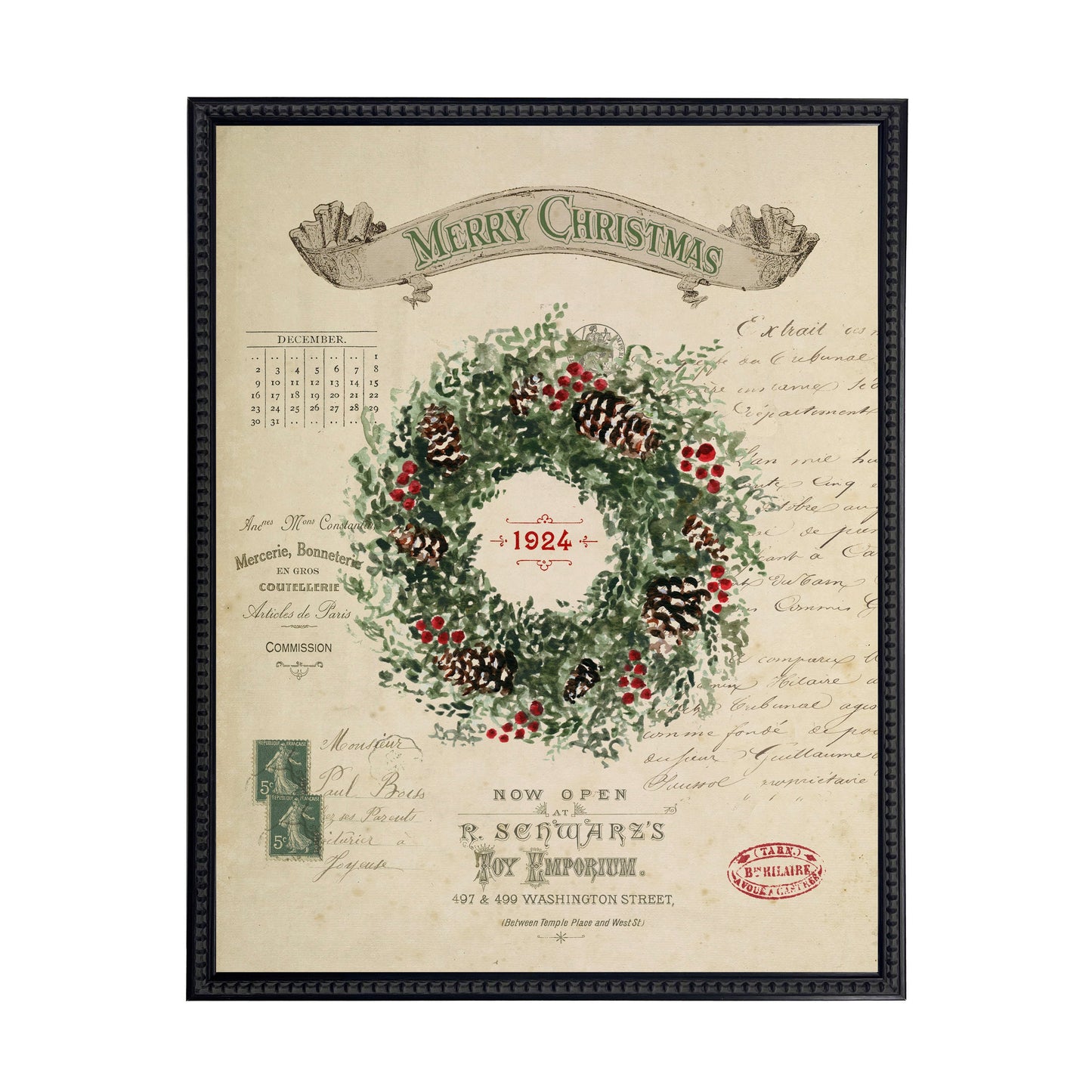 Vintage Painting of a Wreath on a distressed bookplate background