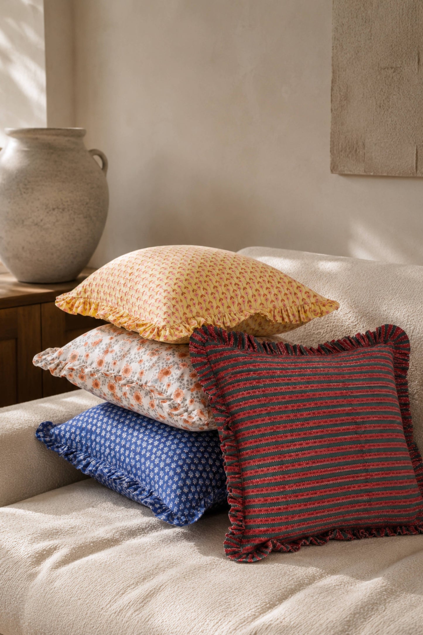Mulled Spice Holiday Crimson Ruffle Blockprint Pillow Cover