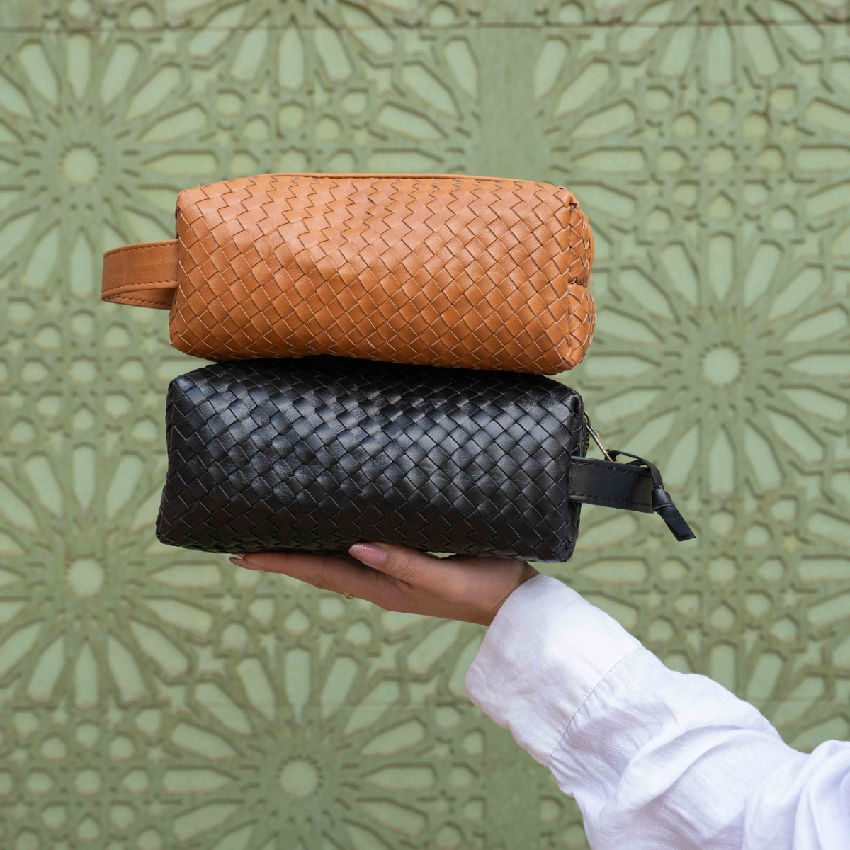 Woven Leather Makeup Bag