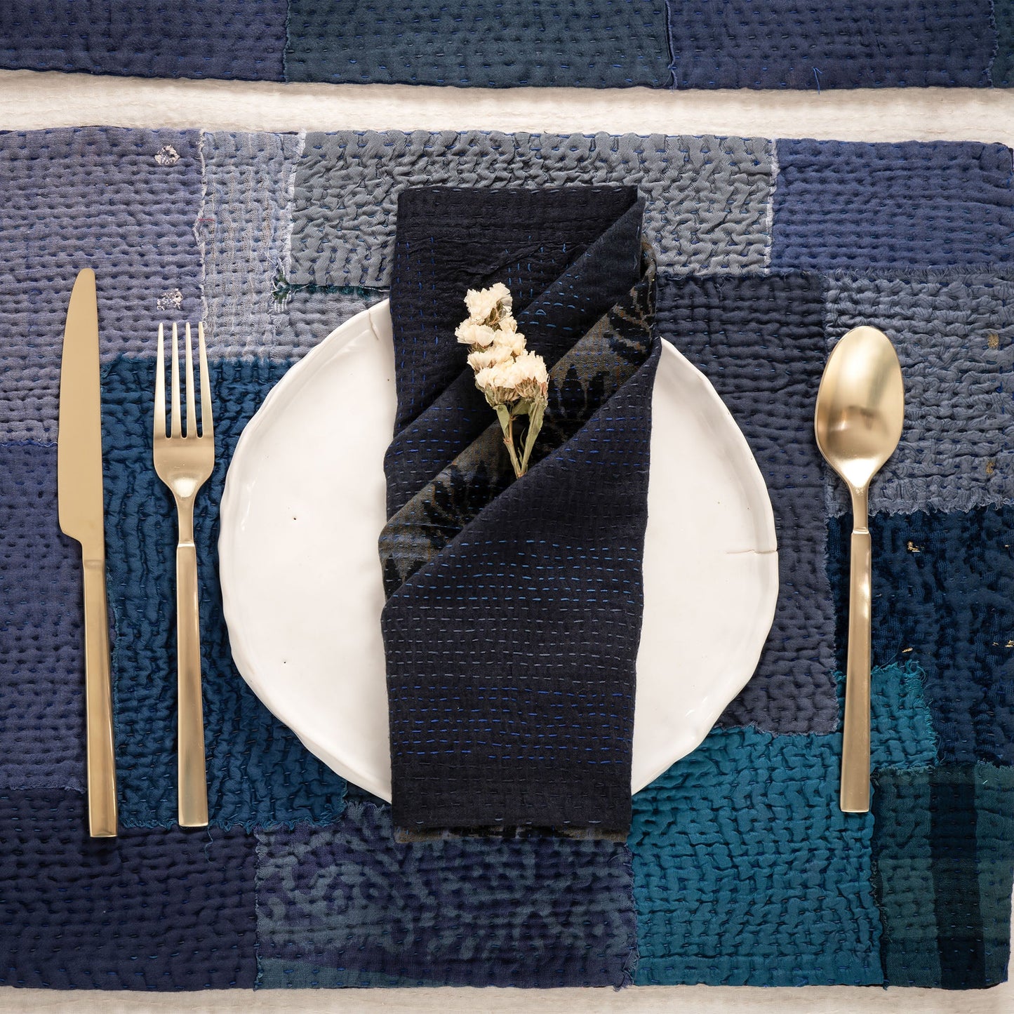 S/2 Landscape Fray Patch Vintage Kantha Placemat - Navy