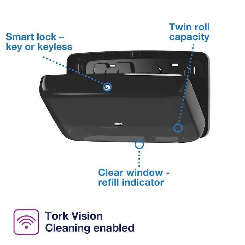 Tork Twin Mini Jumbo Toilet Paper Dispenser Black T2 High Capacity Bathroom Tissue Dispenser (QTY 1), SKU 5555290