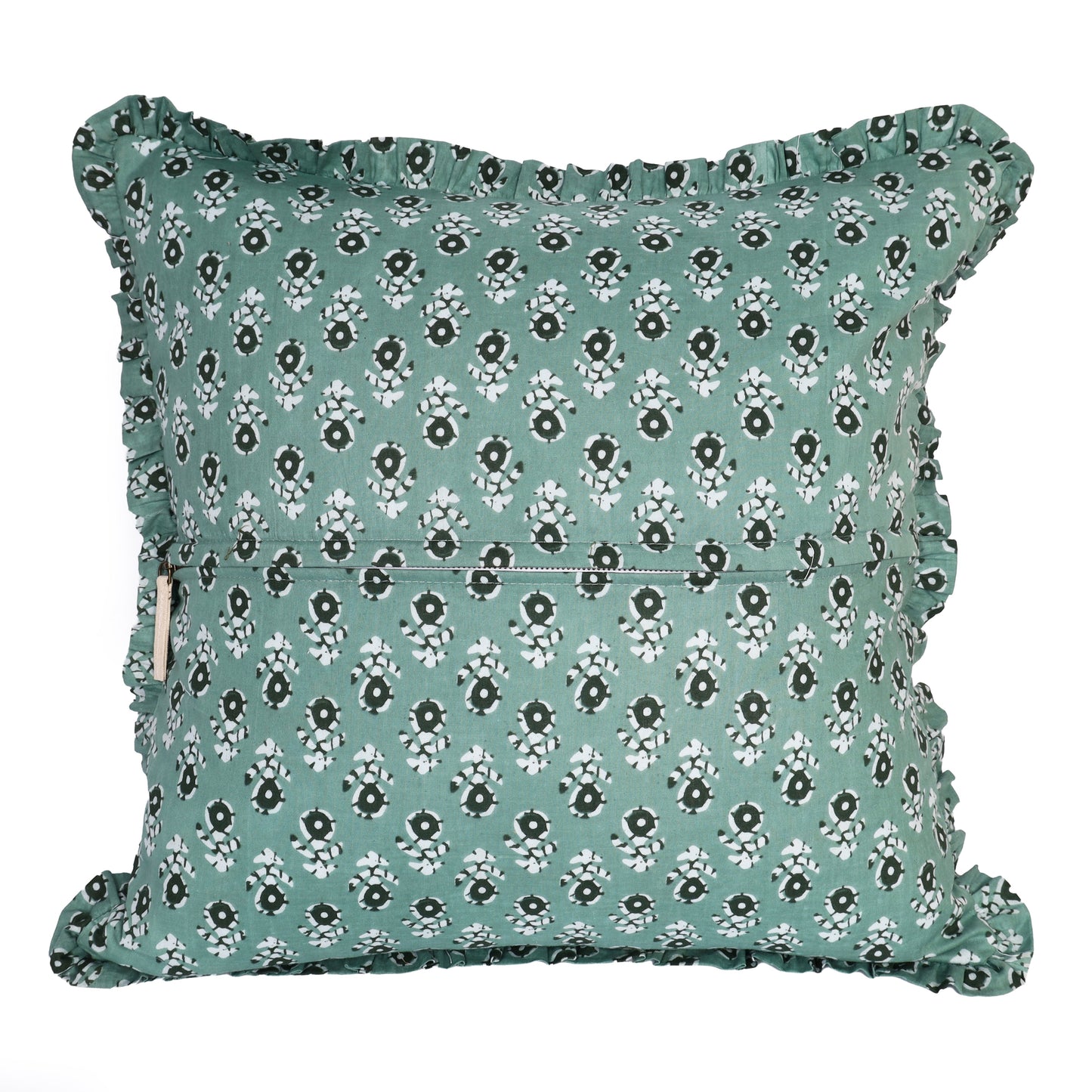 Block-Printed Pillow Cover | 20x20 Ruffled Cotton, Hidden Zipper