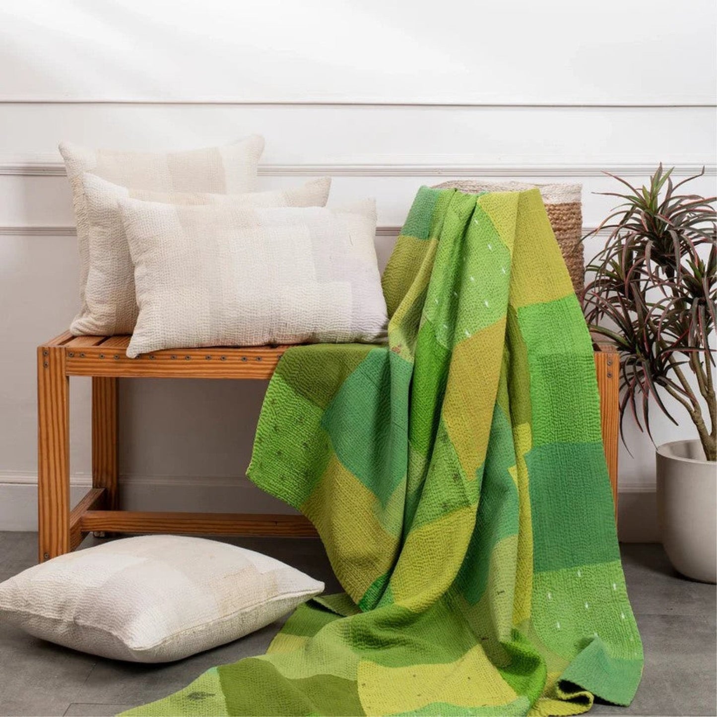Mosaic Fray Patch Vintage Kantha Throw - Lime Green