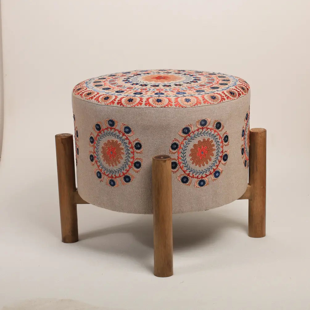 Mandala Design Embroidered Stool | 16x14" | Beige | Cotton