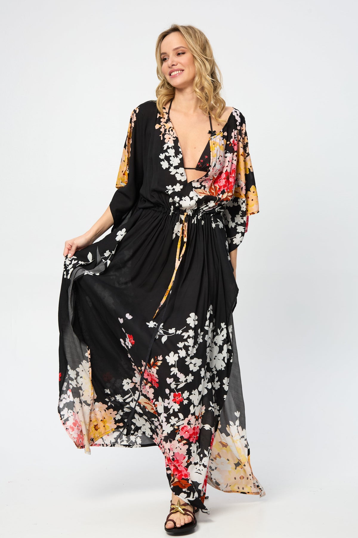Multicolored Fiore Tie Waist Keyhole Kaftan