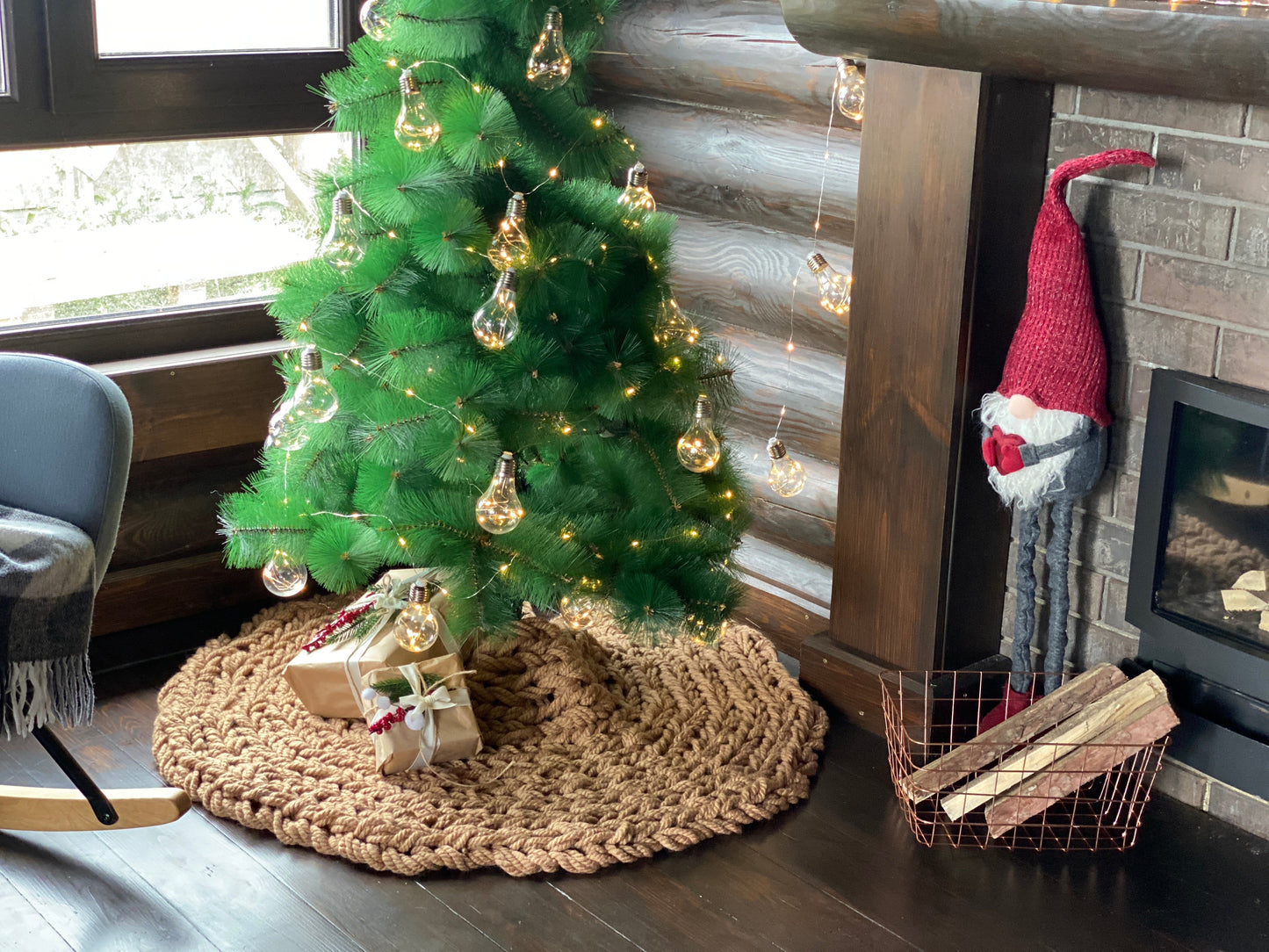 Beige Chunky-Knitted Christmas Tree Skirt | US Stock