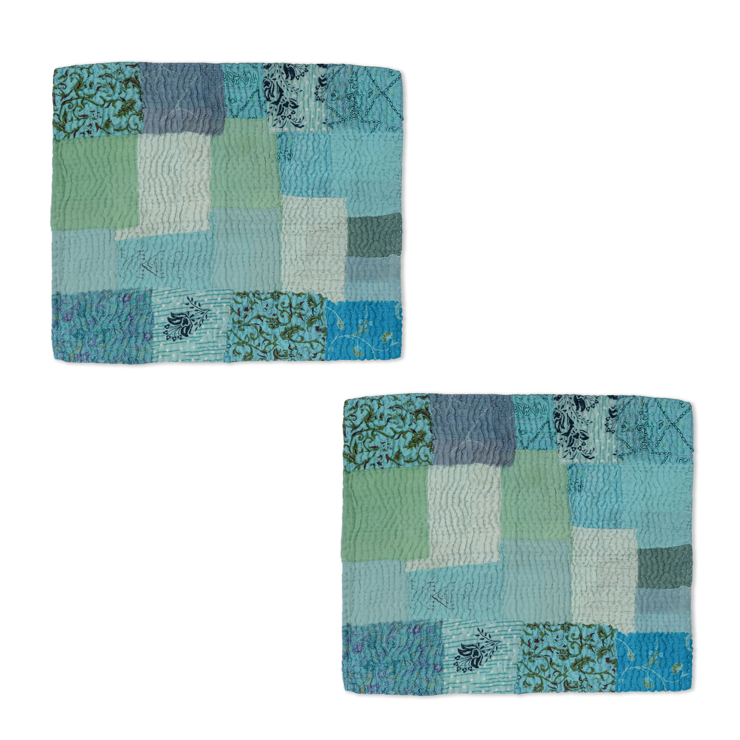 S/2 Printed Fray Vintage Cotton Kantha Placemat - Sage