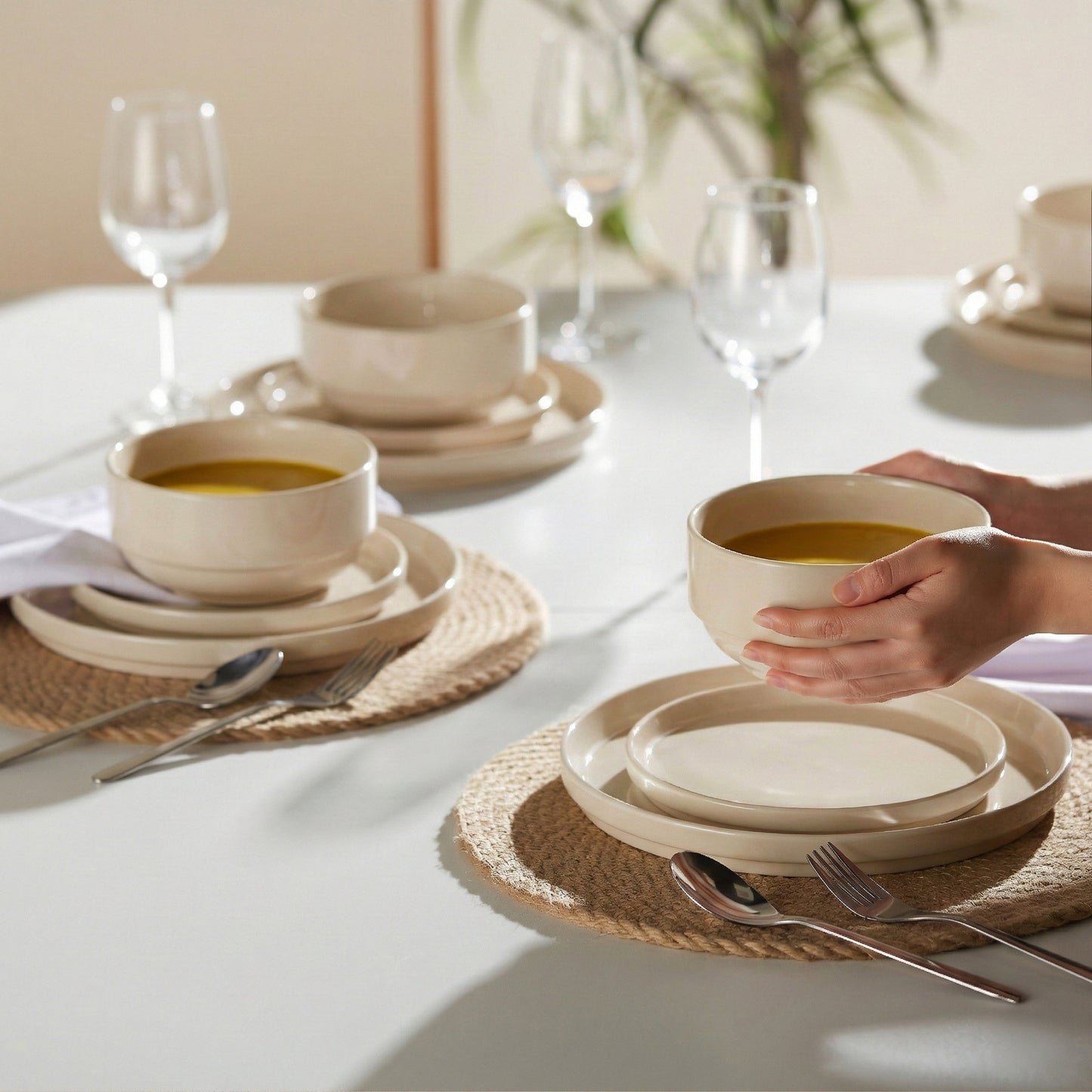 Dinnerware Set, 12 Piece Service for 4, Ceramic, Cambridge Classics