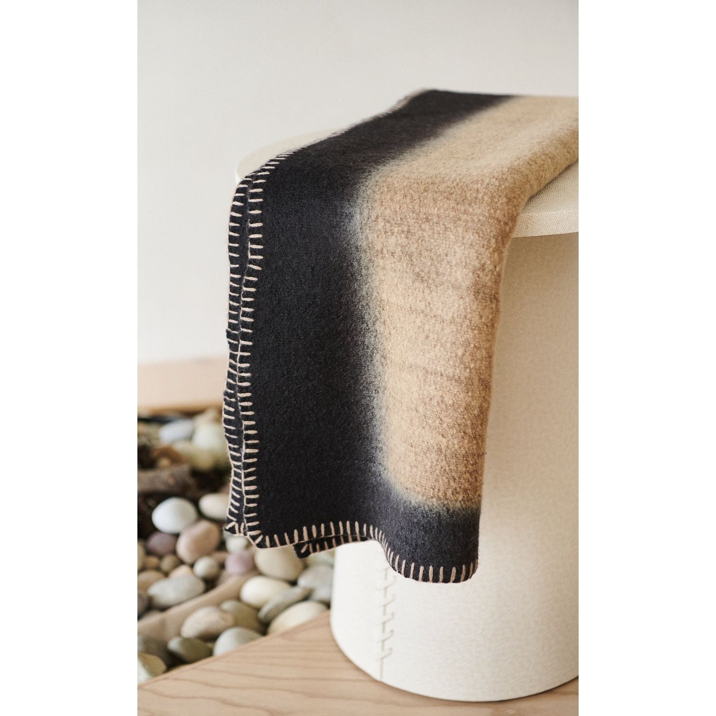 Siro Brown And White Ombre Textured Throw  In Hand Spun Merino And Hand Stitched Hem