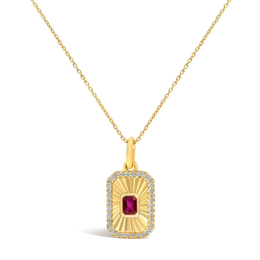 10K Yellow Gold 4x3 MM Ruby and 1/10 Cttw Diamond Rectangular Fluted Medallion Pendant Necklace