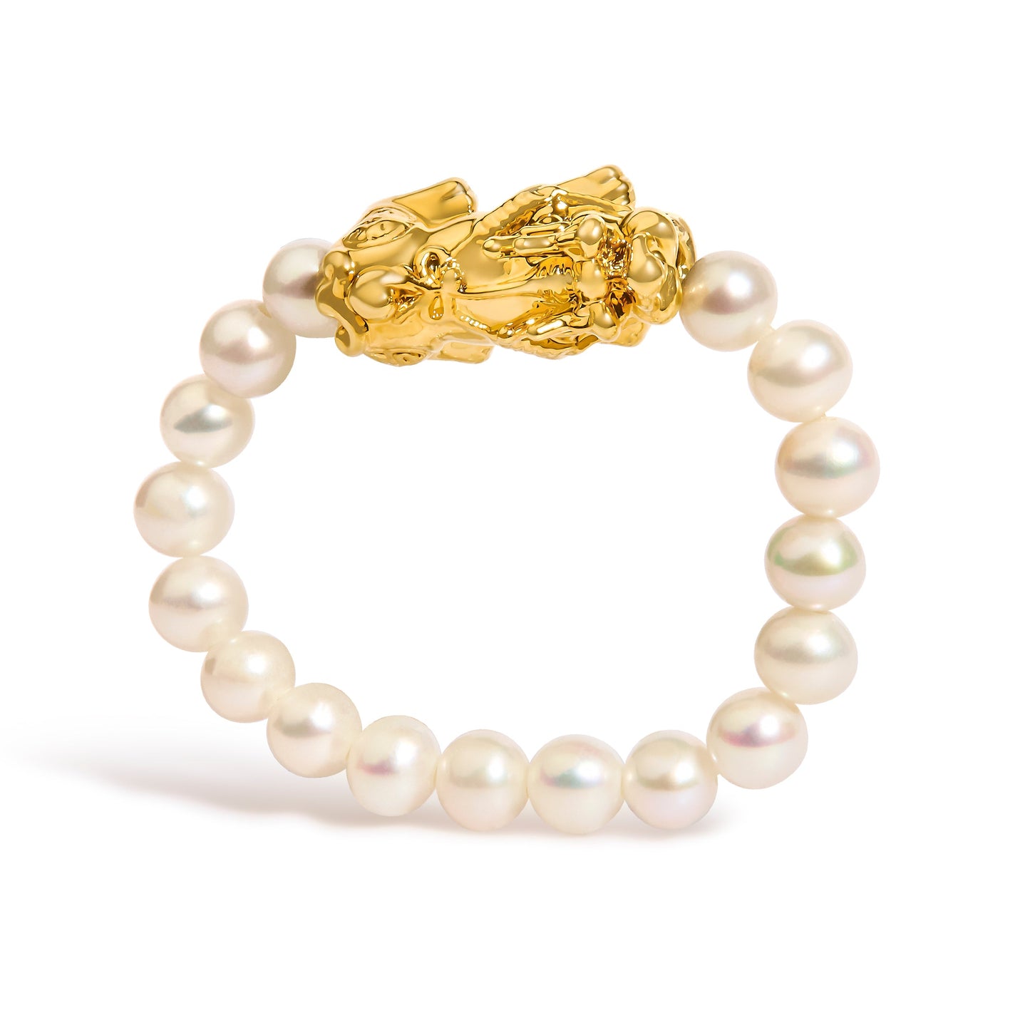 18K Yellow Gold Freshwater Pearl Dragon Charm Adjustable Ring Band