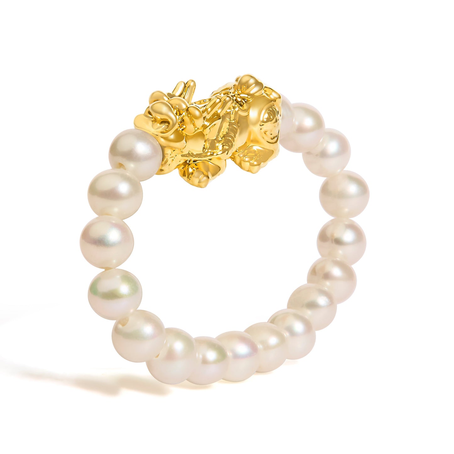 18K Yellow Gold Freshwater Pearl Dragon Charm Adjustable Ring Band