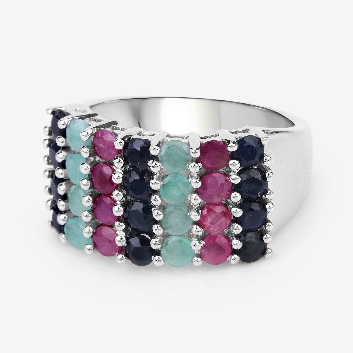 "3.40 Carat Genuine Emerald, Ruby and Black Sapphire .925 Sterling Silver Ring