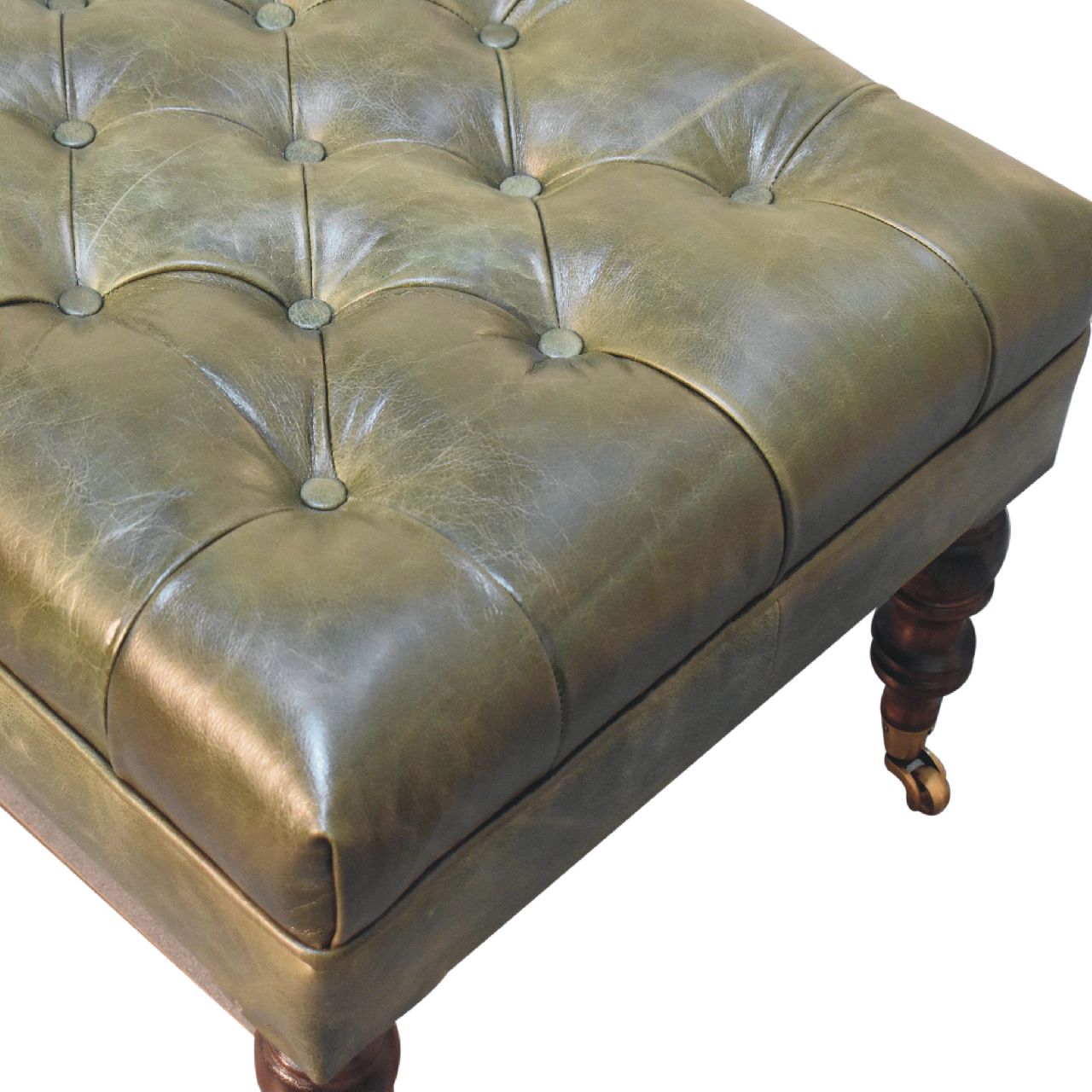 Buffalo Leather Upholstered Ottoman with Castor Legs