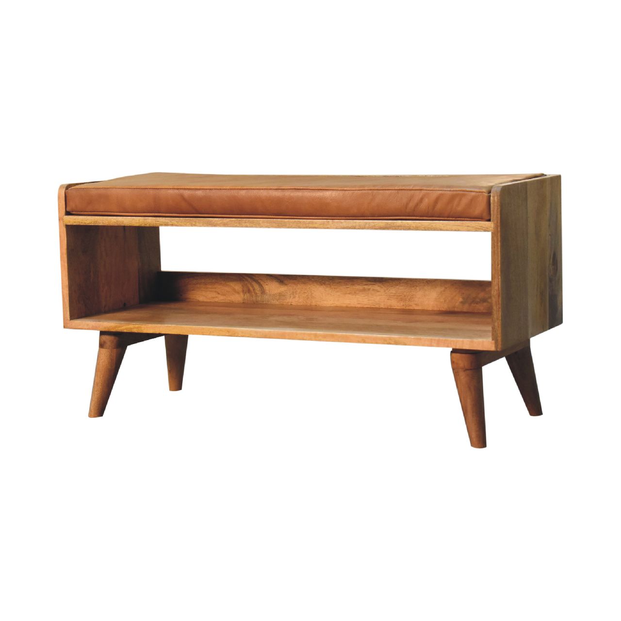 Solid Wood Bench with Leather Upholstered Seat