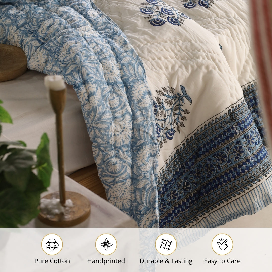 Mughal Florals Blockprinted Reversible Quilts (60" x 90")