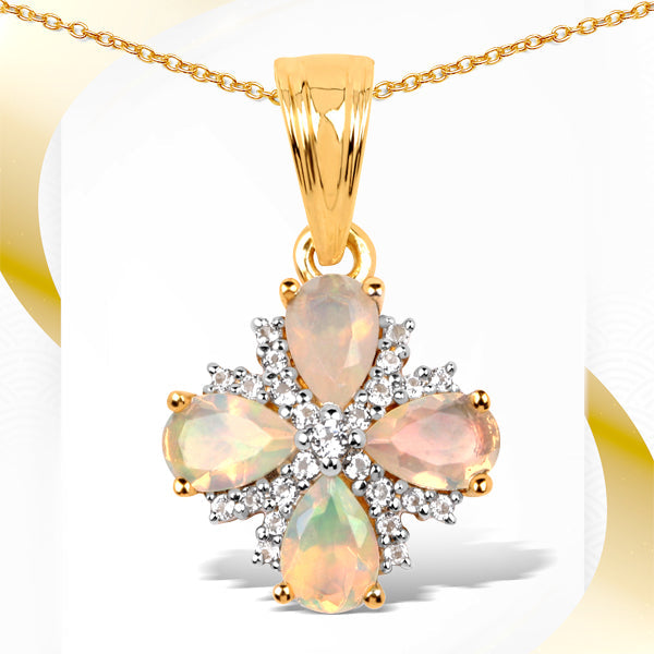 14K Yellow Gold Plated 1.19 Carat Genuine Ethiopian Opal and White Topaz .925 Sterling Silver Pendant